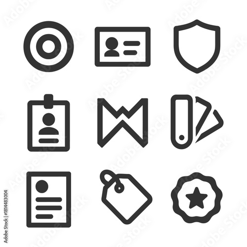 Collection of simple black line icons representing documents, tags, and shields.