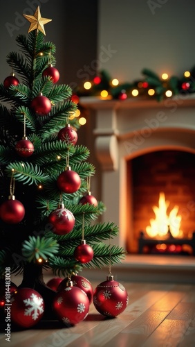 A festive Christmas tree with ornaments and a warm fireplace in the background