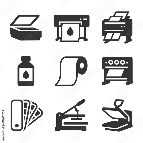Set of nine printing and scanning equipment icons in black and white.