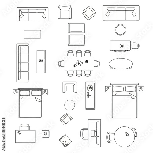 Top down view of various furniture arrangements and items