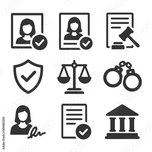 Legal icons set: female portraits, documents, scales, handcuffs, and courthouse symbols.