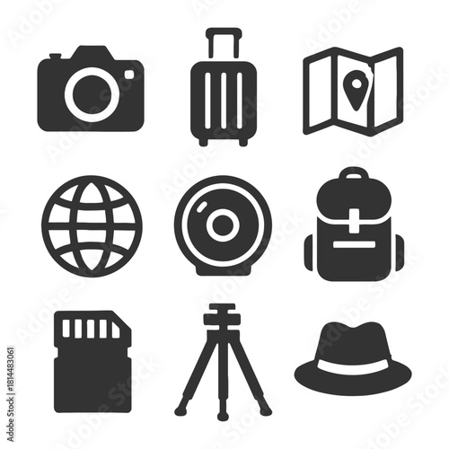 Travel icons: camera, suitcase, map, globe, webcam, backpack, sd card, tripod, hat.
