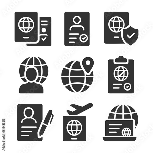 Passport icons: global identification and travel symbols.