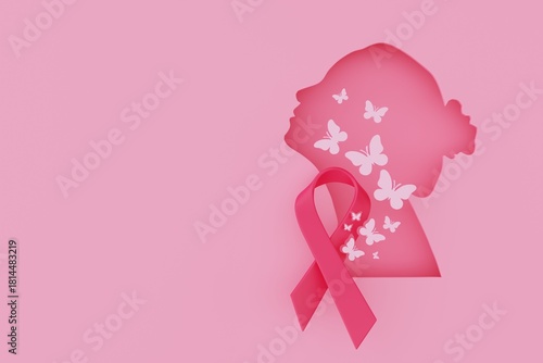 A 3D image of a pink ribbon with fluttering butterflies and a female silhouette, rendered in a paper-style, with space for text. The concept promotes cancer prevention and early detection in women.

