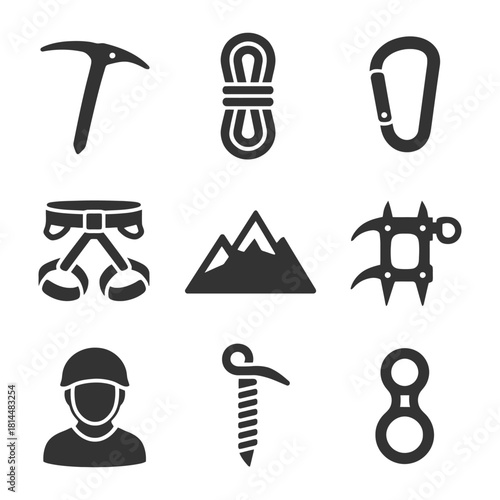Icons of essential climbing gear: ice axe, rope, carabiner, harness, mountains, crampons, helmet, ice screw, belay device.
