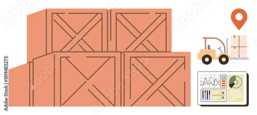 Stack of wooden crates, forklift transporting boxes, delivery location pin, and analytics dashboard. Ideal for logistics, inventory, warehouse management, supply chain, delivery tracking shipping