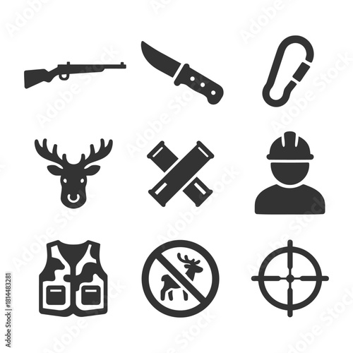 Hunting icons: rifle, knife, carabiner, deer, logs, worker, vest, no hunting, target.