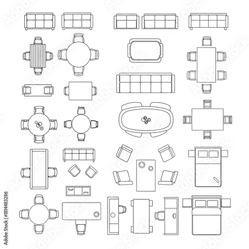 Top view furniture collection line art overhead