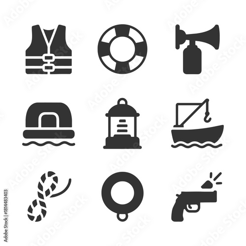 Essential maritime safety icons: life vest, lifebuoy, fog horn, and more.