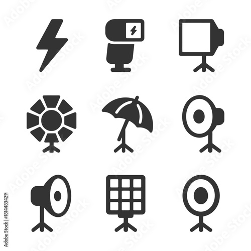 Camera equipment icons: flash, softbox, light stand, umbrella, and more.