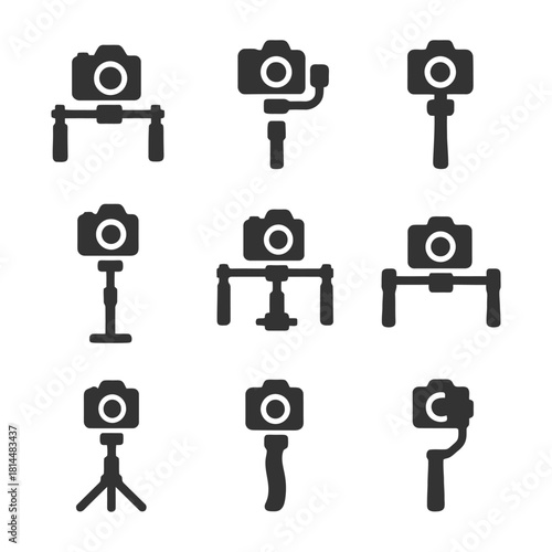 Black gimbal and stabilizer icons for cameras set on white background.