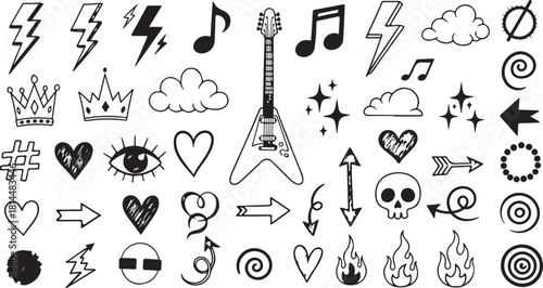 Hand-drawn doodle set of music, rock, lightning, heart, crown, and skull icons