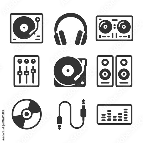 Audio equipment icons: turntables, headphones, mixer, speakers, equalizer.