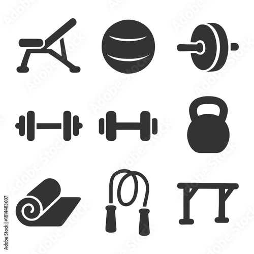Gym equipment icons: bench, ball, barbell, dumbbells, kettlebell, mat, rope, pull-up bar.