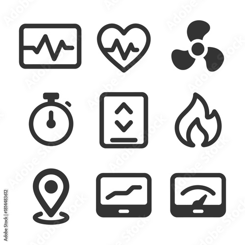 Set of nine black icons: health, technology, fire, and location symbols.