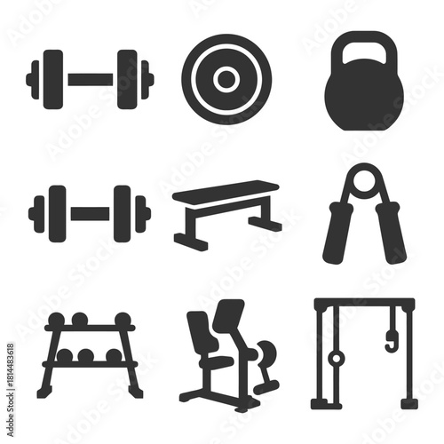 Gym equipment icons: weights, bench, kettlebell, hand grip, rack, exercise machine, pulley.