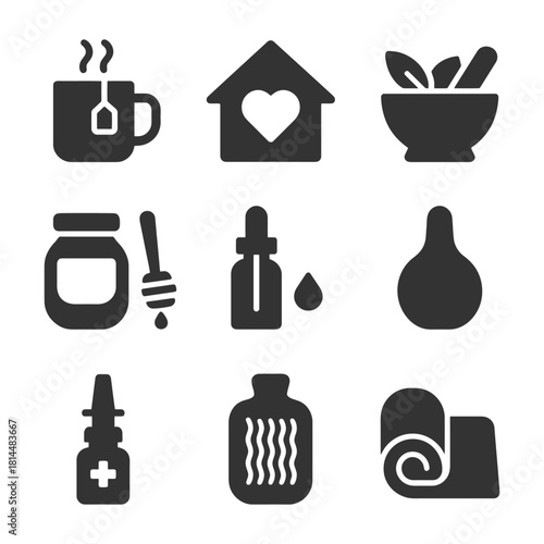 Home remedies icons set: tea, honey, essential oils, herbs, and more.