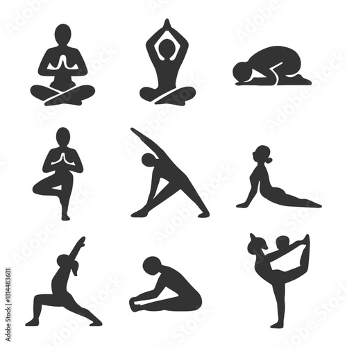 Silhouettes of diverse yoga poses on white background.