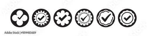 Collection of six checkmark icons with diverse decorative frames in black and white reverse