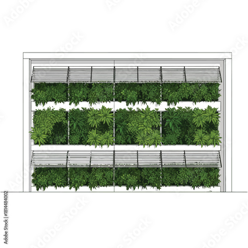 Vertical Garden Wall with Green Plants and Louvers