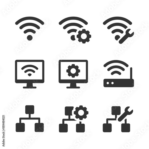 Wifi and network connection icons with settings and tools elements.