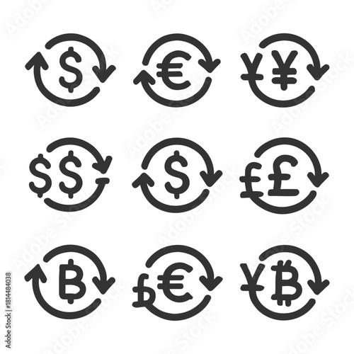 Currency exchange symbols: dollar, euro, yen, pound, bitcoin arrows.