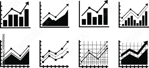 Business analytics growth chart icons set, bar and line graph dashboard statistics, financial data performance, increasing trend, finance market report infographic vector