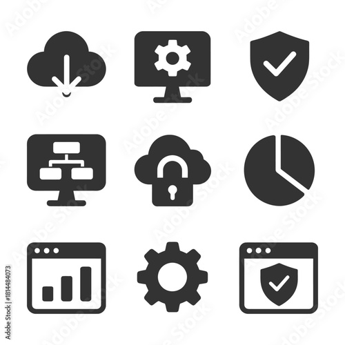 Cloud computing and data security icons: download, gear, lock, chart.