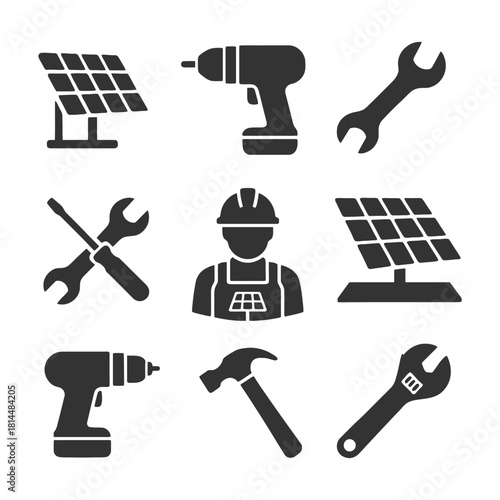 Solar panel installation tools and technician icons.