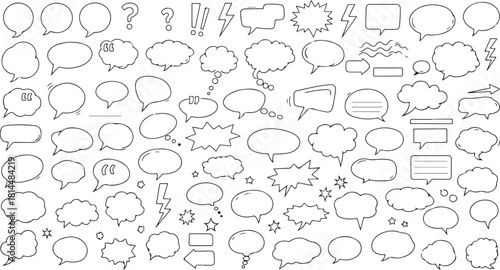 Hand drawn speech bubbles, comic text boxes, doodle communication elements set