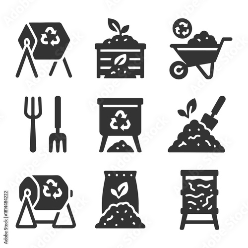 Set of composting icons illustrating various composting methods and tools.