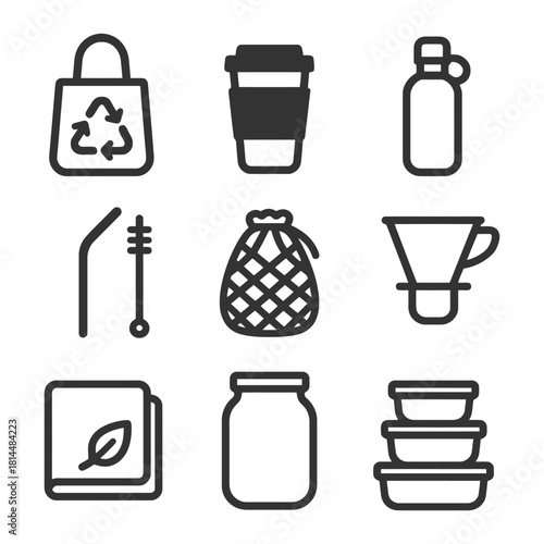 Eco-friendly essentials: reusable bag, coffee cup, water bottle, straw, net bag, filters, napkin, jar, containers.