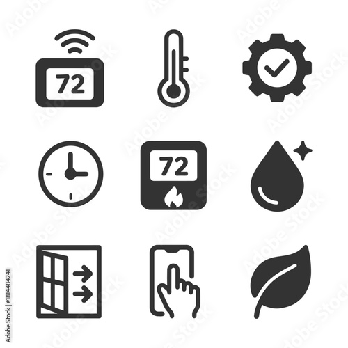 Smart home icons: thermostat, temperature, settings, clock, water, window, touch, leaf.