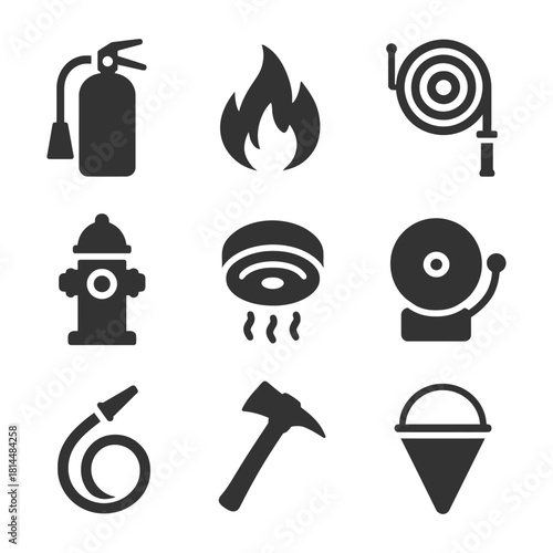 Essential fire safety symbols: extinguisher, hydrant, alarm, hose, axe, bucket.