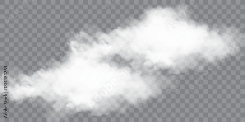 Realistic white fluffy clouds with fog or light smoke effect on a transparent background. Misty atmosphere element for overlaying on images, dramatic scenes or weather visual effects. Vector.