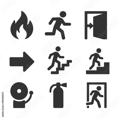 Emergency exit and safety icons: fire, evacuation, extinguisher, alarm, stairway symbols.