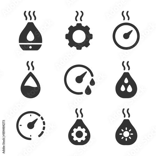 Set of humidity and pressure icons with gauges, drops, and gear symbols.