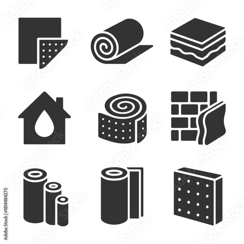 Various insulation materials icons: rolled, layered, and block designs in black and white.