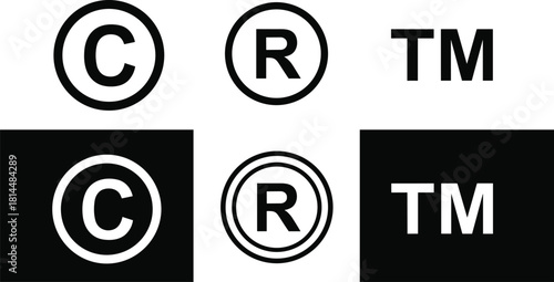 Minimal copyright, registered trademark and TM symbol icons set, bold black and white legal registration signs, modern vector illustration for branding protection design