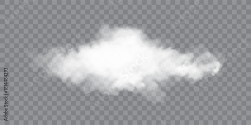 Realistic white fluffy clouds with fog or light smoke effect on a transparent background. Misty atmosphere element for overlaying on images, dramatic scenes or weather visual effects. Vector.
