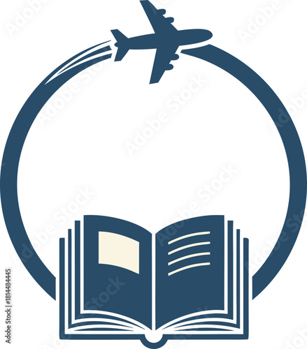 An icon of an airplane flying in a circle over an open book. The symbol of the "eternal student" and the "race for retraining" is an endless cycle of learning, traveling and new knowledge.