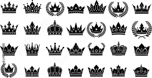 Royal crown icons collection, luxury king and queen tiara silhouette vector set, elegant monarchy symbols for premium design, heraldic noble emblem illustration