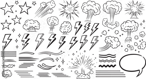 Hand drawn comic speech bubble explosion effect lightning bolt collection
