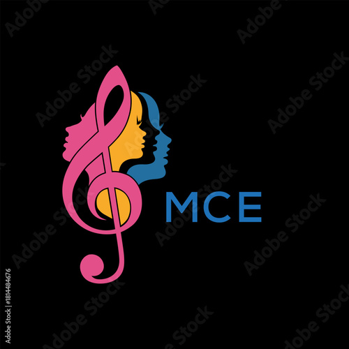 Creative Feminine Music Logo with Treble Clef and Colorful Female Silhouettes – MCE  Later Logo, Beauty and Art Concept
