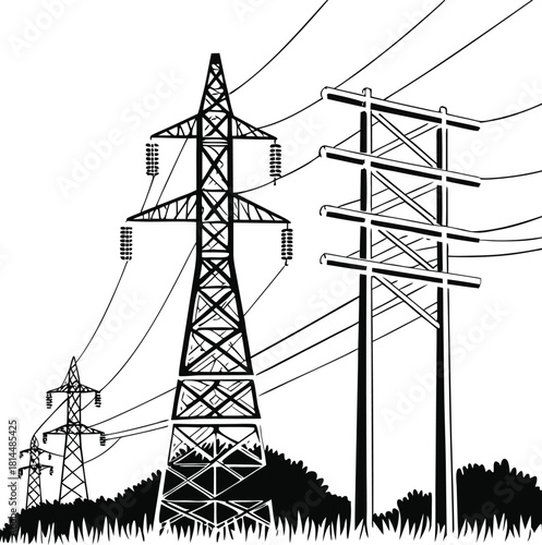 High voltage transmission towers, power lines over forest, electricity infrastructure, black and white vector, energy grid, utility landscape, electric pylons eps10