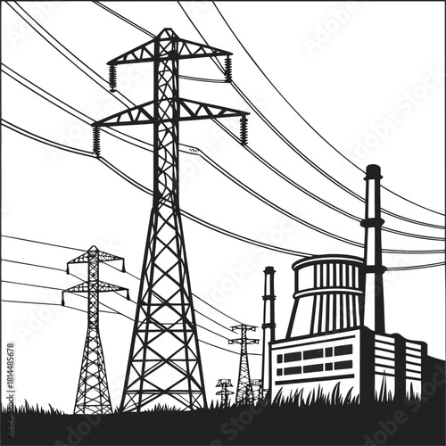 High voltage transmission towers, power lines over forest, electricity infrastructure, black and white vector, energy grid, utility landscape, electric pylons eps10