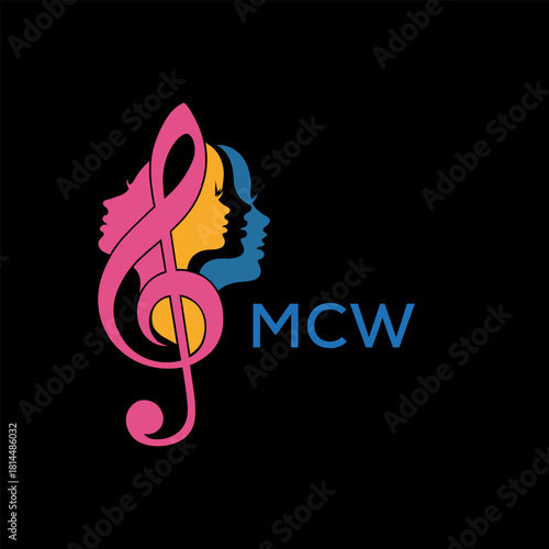 Creative Feminine Music Logo with Treble Clef and Colorful Female Silhouettes – MCW  Later Logo, Beauty and Art Concept
