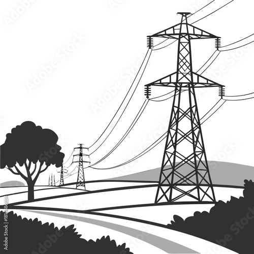 High voltage transmission towers, power lines over forest, electricity infrastructure, black and white vector, energy grid, utility landscape, electric pylons eps10