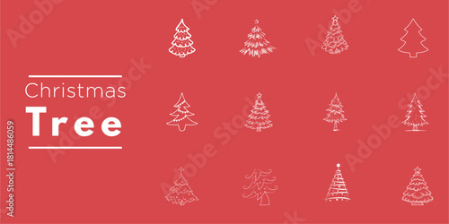 Christmas Tree Vector Icon Set Collection - Festive Holiday Pine Silhouette Illustration, Winter Xmas Decoration Clipart, Minimalist Red White Seasonal Graphic Design Template for Greeting Card