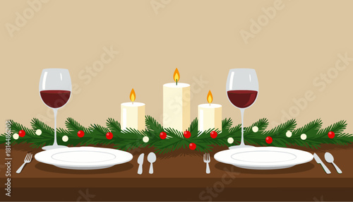 Festive holiday dinner table setting with candles and wine glasses  